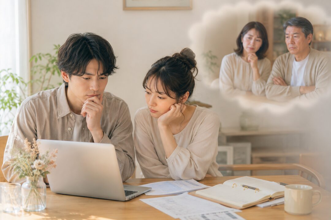 結婚式準備中に不安げな表情でパソコンを見るカップル