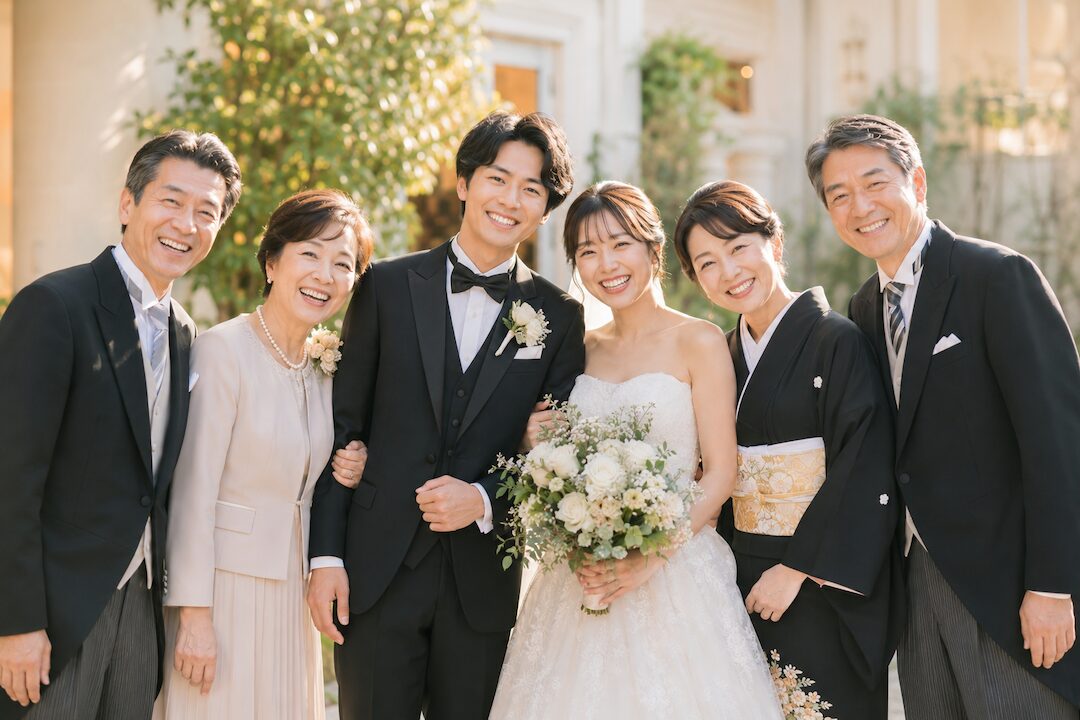 結婚式後に両家家族と笑顔で写る新郎新婦